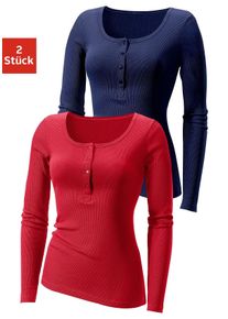 H.I.S. Langarmshirt H.I.S "mit kurzer Knopfleiste", Damen, Gr. 32/34, blau (marine, rot), Feinripp, Obermaterial: 100% Baumwolle, unifarben, Basic, k&ouml;rpernah, tiefer Rundhals, Shirts Langarmshirt, aus modischer Rippqualit&auml;t, Topseller
