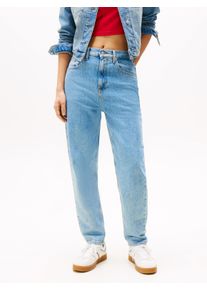 Tapered-fit-Jeans Tommy Jeans "High waist - Mom-Jeans Tapered", Damen, Gr. 34, L&auml;nge 32, blau (denim light), Denim/Jeans, Obermaterial: 99% Baumwolle, 1% Elasthan, Abriebeffekte, Jeans Tapered-fit-Jeans, Mit Tommy Hilfiger Logo-Flag auf der Ges&auml;&szlig;tasche