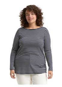 Langarmshirt Tom Tailor PLUS, Damen, Gr. 50, navy sanftes wei&szlig; tee stripe, Single Jersey, Obermaterial: 97% Baumwolle, 3% Elasthan, gestreift, normal h&uuml;ftbedeckend, U-Boot-Ausschnitt, Shirts Langarmshirt, im Streifen-Design