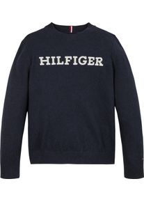 Strickpullover Tommy Hilfiger "MONOTYPE REGULAR SWEATER", Jungen, Gr. 74, blau (desert sky), Strick, Obermaterial: 56% Baumwolle, 25% Polyester, 16% Polyamid, 3% Elasthan, unifarben, Basic, regular fit, Rundhals, Rippstrickb&uuml;ndchen, Pullover Strickpullover, Baby bis 2 Jahre; mit aufgesticktem Logo