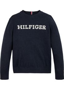 Strickpullover Tommy Hilfiger "MONOTYPE REGULAR SWEATER", Jungen, Gr. 80, blau (desert sky), Strick, Obermaterial: 56% Baumwolle, 25% Polyester, 16% Polyamid, 3% Elasthan, unifarben, Basic, regular fit, Rundhals, Rippstrickb&uuml;ndchen, Pullover Strickpullover, Baby bis 2 Jahre; mit aufgesticktem Logo