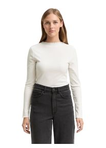 T-Shirt Tom Tailor Denim, Damen, Gr. XL (42), wei&szlig; (sanftes wei&szlig;), Single Jersey, Obermaterial: 48% Polyester, 48% Viskose, 4% Elasthan, unifarben, regular fit taillenbedeckt, tiefer Rundhals, gewellter Abschluss, Shirts T-Shirt, mit gewelltem Saum