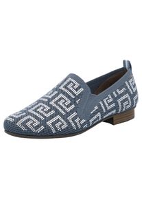 Slipper Rieker, Damen, Gr. 41, blau (blau, wei&szlig;), Textil, Schuhe Slipper, Halbschuh, Schlupfschuh, Blockabsatz, Loafer mit Glitzersteinchen