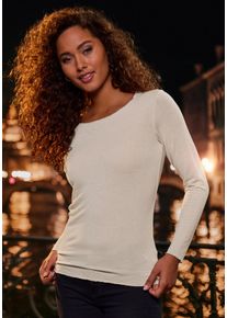 Langarmshirt Lascana "mit feiner Glitzereinfassung", Damen, Gr. 40/42, beige (sand), Feinstrick, Obermaterial: 62% Polyester (REPREVE), 34% Viskose, 4% Elasthan, Glanzfaden, unifarben, bequem, tiefer Rundhals, Shirts Langarmshirt, aus weichem Viskose-Feinstrick, Topseller