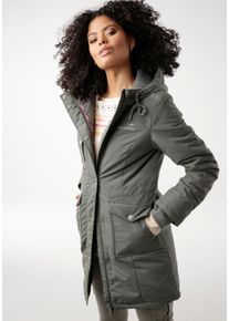 Langjacke Kangaroos, Damen, Gr. 40, gr&uuml;n (khaki), Web, Obermaterial: 100% Polyester. Futter: 100% Polyester. Wattierung: 100% Polyester, gepunktet, kontrastfarbene Details, unifarben mit Farbeinsatz, figurumspielend Po-bedeckend, Jacken Langjacke, f&uuml;r den &Uuml;bergang, aus leichtem Webmaterial, modisch