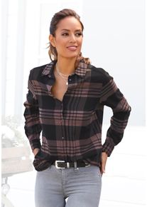 Hemdbluse Lascana, Damen, Gr. 40, schwarz (lila, schwarz, kariert), Web, Obermaterial: 100% Baumwolle, kariert, figurumspielend h&uuml;ftbedeckend, ohne Ausschnitt, mit Riegel 1-Knopf-Manschette, Blusen Hemdbluse, aus weichem Flanell, Karobluse aus Baumwolle, Damenbluse, Topseller