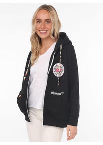 Kapuzensweatjacke Zwillingsherz, Damen, Gr. L/XL, schwarz, Sweatware, Obermaterial: 50% Baumwolle, 50% Polyester, bedruckt, normal h&uuml;ftlang, hoch geschlossener Ausschnitt, B&uuml;ndchen, Sweatjacken Kapuzensweatjacke, Leo-Details, Langarm, Rei&szlig;verschluss, Baumwollmischung