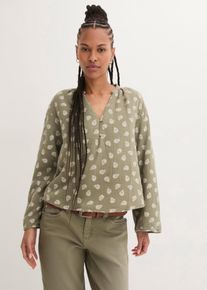Langarmbluse bonprix "Oversize-Bluse aus luftigem Musselin", Damen, Gr. 36, gr&uuml;n (oliv paisley), Web, Obermaterial: 100% Baumwolle, bedruckt, oversize normal, V-Ausschnitt, mit Aufschlag, Blusen Langarmbluse, Oversize-Passform, f&uuml;r den Alltag, aus Musselin, mit V-Ausschnitt