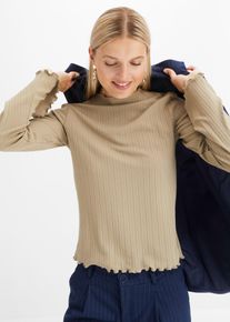 Langarmshirt bonprix "Geripptes Langarmshirt", Damen, Gr. 56/58 (XXXL), gr&uuml;n (new khaki), Rippware, Obermaterial: 67% Polyester, 29% Viskose, 4% Elasthan, unifarben, slim fit normal, Rundhals, gewellter Abschluss, Shirts Langarmshirt, schmale Passform, mit Trompeten&auml;rmeln, ohne Verschluss und Kragen