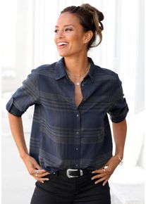 Hemdbluse Lascana, Damen, Gr. 44, grau (blau, grau, kariert), Web, Obermaterial: 100% Baumwolle, kariert, figurumspielend h&uuml;ftbedeckend, ohne Ausschnitt, mit Riegel 1-Knopf-Manschette, Blusen Hemdbluse, aus weichem Flanell, Karobluse aus Baumwolle, Damenbluse, Topseller