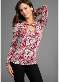 Langarmshirt Laura Scott, Damen, Gr. 40/42, bunt, Jersey, Obermaterial: 95% Viskose, 5% Elasthan, bedruckt, gebl&uuml;mt, figurbetont h&uuml;ftlang, hoch geschlossener Ausschnitt, Shirts Langarmshirt, mit Twisteffekt im Ausschnitt