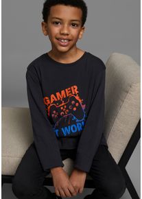 Langarmshirt Kidsworld "GAMER AT WORK", Jungen, Gr. 164/170, grau (anthrazit), Jersey, Obermaterial: 100% Baumwolle, bedruckt, Basic, Rundhals, Shirts Langarmshirt, lang&auml;rmlig, aus Baumwolle, aus Jerseystoff, Topseller