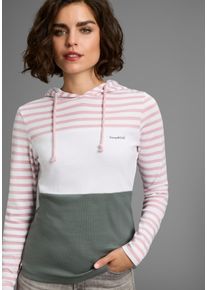 Kapuzenshirt Kangaroos, Damen, Gr. 48/50, ros&eacute;, salbei, Rippware, Obermaterial: 100% Baumwolle. Kapuzenfutter: 100% Baumwolle, gestreift, figurbetont h&uuml;ftbedeckend, Shirts Kapuzenshirt, Langarm, sehr figurbetont, mit Colourblocking-Optik