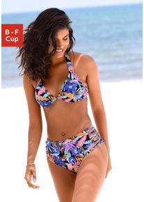 B&uuml;gel-Bikini-Top Bench. "Pitch", Damen, Gr. 44, Cup F, bunt (schwarz, bedruckt), Microfaser, Polyamid, Bikini-Oberteile B&uuml;gel-Bikini-Top, mit tropischem Design