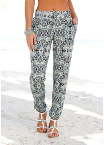 Strandhose Lascana, Damen, Gr. 42, N-Gr, blau (marine, bedruckt), Jersey, Obermaterial: 95% Viskose, 5% Elasthan, bedruckt, figurumspielend lang, Hosen Strandhose, mit Ethnoprint und Taschen, Sommerhose, Jerseyhose, Topseller