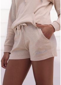 Relaxshorts BENCH. LOUNGEWEAR, Damen, Gr. 44/46, N-Gr, beige (beige meliert), Interlock, Graumeliert (Obermaterial): 55% Baumwolle, 45% Polyester, bestickt, meliert, unifarben, Basic, Basic kurz, Hosen Relaxshorts, mit kleiner gl&auml;nzenden Logostickerei, Loungewear