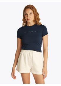 T-Shirt Tommy Jeans CURVE "TJW SLIM TONAL LINEAR TEE EXT", Damen, Gr. XXXL(46), blau (schwarz night navy), Single Jersey, Obermaterial: 100% Baumwolle, bedruckt, unifarben, figurbetont h&uuml;ftlang, Rundhals, gerader Abschluss, Shirts T-Shirt, in Gro&szlig;en Gr&ouml;&szlig;en, Logodruck, Figurbetont