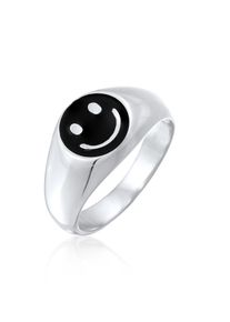 Siegelring Kuzzoi "Ring Herren Siegelring Smiling Emaille 925 Silber" Gr. 62, schwarz, Fingerringe, Herren, 62, ohne Stein, Silber 925 (Sterlingsilber), 11mm, Siegelring
