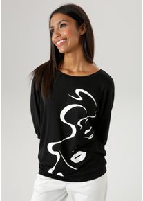 Fledermausshirt Aniston SELECTED, Damen, Gr. 36, schwarz-wei&szlig; (schwarz, wei&szlig;), Single Jersey, Obermaterial: 95% Viskose, 5% Elasthan, bedruckt, l&auml;ssig geschnitten h&uuml;ftbedeckend, Rundhals, Fledermaus&auml;rmel B&uuml;ndchen, Shirts Fledermausshirt, mit abstraktem Gesichtsdruck, Topseller