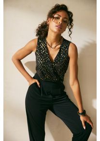 Overall Lascana, Damen, Gr. 46, N-Gr, schwarz (schwarz, gold), Cr&ecirc;pe, Obermaterial: 95% Polyester, 5% Elasthan, bedruckt, figurumspielend lang, tiefer V-Ausschnitt, Overalls Overall, mit bedrucktem Oberteil, eleganter Jumpsuit, Business-Look, festlich, Topseller