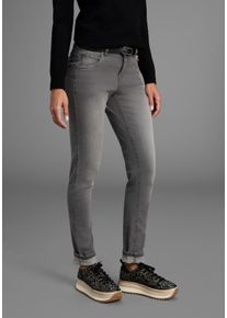 Slim-fit-Jeans Arizona "Bund mit seitlichem Gummizugeinsatz", Damen, Gr. 80, K + L Gr, grau (grau used), Denim/Jeans, Obermaterial: 98% Baumwolle, 2% Elasthan, Basic, slim fit lang, Jeans Slim-fit-Jeans, schmale Passform, R&ouml;hrenjeans, Used-Waschung, hohe Leibh&ouml;he
