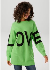 Strickpullover Aniston CASUAL, Damen, Gr. 42, schwarz (apfelgr&uuml;n, schwarz), Strick, Obermaterial: 100% Baumwolle, unifarben mit Farbeinsatz, oversize Po-bedeckend, Rundhals, Strickb&uuml;ndchen, Pullover Strickpullover, mit eingestricktem LOVE-Schriftzug