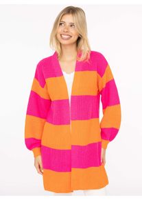 Cardigan Zwillingsherz "Katja", Damen, bunt (pink orange), Strick, Obermaterial: 70% Polyacryl, 30% Wolle, bequem ca. Mitte Oberschenkel, V-Ausschnitt, Rippstrickb&uuml;ndchen, Strickjacken Cardigan, One Size, Wollanteil, Langarm, Blockstreifen, ohne Verschluss