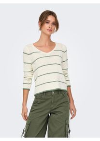 V-Ausschnitt-Pullover Only "ONLGEENA L/S V-NECK KNT NOOS", Damen, Gr. XL, wei&szlig; (cloud dancer stripes:with l.pad), Strick, Obermaterial: 65% Polyacryl, 35% Polyamid, gestreift, normal, V-Ausschnitt, Pullover V-Ausschnitt-Pullover
