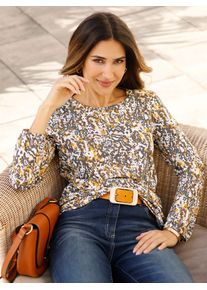 Langarmshirt Classic Basics "Langarm-Shirt", Damen, Gr. 52, beige (ecru, anthrazit, bedruckt), 100% Baumwolle, gemustert, mehrfarbig, Rundhals, Shirts Langarmshirt