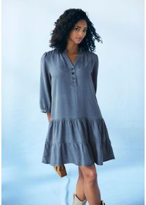 Jeanskleid Lascana, Damen, Gr. 44/46, N-Gr, blau (denim, blau), Web, Obermaterial: 100% Lyocell (TENCEL&trade;), unifarben, figurumspielend, V-Ausschnitt, Kleider Jeanskleid, mit R&uuml;sche am Kragen und Knopfleiste, Blusenkleid, Tunikakleid
