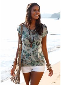 Longshirt Lascana "mit breitem Bund", Damen, Gr. 52/54, bunt (taupe, gr&uuml;n), Obermaterial: 95% Viskose (LENZING&trade; ECOVERO&trade;), 5% Elasthan, gemustert, bequem lang, Rundhals, Shirts Longshirt, aus weichem Viskose-Stretch