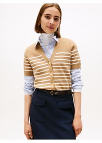 Strickjacke Tommy Hilfiger "CO JERSEY MID GG GOLD BTN CARDI", Damen, Gr. XXL (44), beige (placed thin beige stp sweaters), Strick, Obermaterial: 85% Baumwolle, 15% Polyamid, gestreift, taillenbedeckt, V-Ausschnitt, Strickjacken Strickjacke, mit goldfarbenen Kn&ouml;pfen