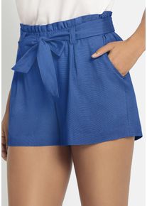 Shorts Lascana, Damen, Gr. 44, N-Gr, blau (nautical blau), Web, Obermaterial: 58% Viskose, 28% Baumwolle, 14% Leinen, unifarben, figurumspielend kurz, Hosen Shorts, im Paperbag-Stil, Leinenmix, Schlupfhose, Sommerhose