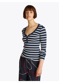 Langarmshirt Tommy Hilfiger "SLIM HENLEY GB SCOOP-NK LS", Damen, Gr. XXL (44), blau (schwarz night navy, calico), Rippware, Obermaterial: 96% Baumwolle, 4% Elasthan, gestreift, slim fit h&uuml;ftlang, Rundhals, abgesteppt, Shirts Langarmshirt, mit Rippenstruktur, mit Metalllabel