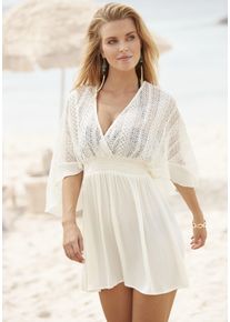 Tunikakleid Lascana, Damen, Gr. 36, N-Gr, wei&szlig; (sanftes wei&szlig;), Web, Obermaterial: 100% Viskose. Oberteil: 100% Polyamid. Unterteil: 100% Viskose, unifarben, figurumspielend kurz, V-Ausschnitt, Volant, Kleider Tunikakleid, mit weiten &Auml;rmeln, aus Spitze, Blusenkleid, Strandmode, Topseller