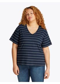 V-Shirt Tommy Hilfiger Curve "CRV MODERN CO LINEN V-NK SS", Damen, Gr. 48, big stp schwarz night navy, Web, Obermaterial: 55% Leinen, 45% Baumwolle, gestreift, V-Ausschnitt, Shirts V-Shirt, in Gro&szlig;en Gr&ouml;&szlig;en
