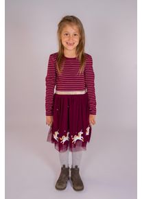 Midikleid happy girls, M&auml;dchen, Gr. 140, N-Gr, berry, Jersey, Obermaterial: 90% Baumwolle, 10% metallisierte Fasern. Futter: 100% Baumwolle. Unterteil: 100% Polyester, gemustert, regular fit Midi, Rundhals, Kleider Midikleid, mit hochwertigen Einhorn-Applikationen am Saum