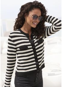 Strickjacke Lascana, Damen, Gr. 44/46, schwarz-wei&szlig; (schwarz, wei&szlig; gestreift), Strick, Obermaterial: 89% Polyacryl, 6% Polyester, 5% Elasthan, gestreift, figurbetont h&uuml;ftlang, Rundhals, Strickjacken Strickjacke, mit Streifenmuster, Kontrastb&uuml;ndchen, markante Knopfleiste, Topseller