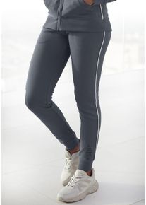 H.I.S. Sweathose H.I.S, Damen, Gr. 44/46, N-Gr, blau (navy), Interlock, Obermaterial: 60% Baumwolle, 40% Polyester, bestickt, unifarben, Basic, bequem lang, Hosen Sweathose, mit seitlichem Piping und Taschen, Loungewear