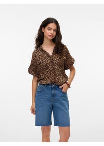 V&eacute;ro Moda Kurzarmbluse VERO MODA "VMBUMPY SS SHIRT AOP WVN GA NOOS", Damen, Gr. M, silber (silber mink aop:vmd leopard), Web, Obermaterial: 100% Viskose, bedruckt, normal, V-Ausschnitt, Blusen Kurzarmbluse, Viskose, regular fit