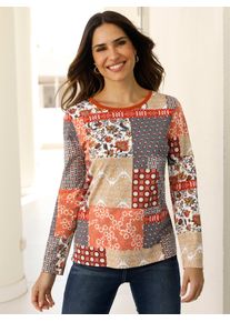 Langarmshirt Classic Basics "Langarm-Shirt", Damen, Gr. 52, bunt (papaya, rostrot, bedruckt), 100% Baumwolle, gebl&uuml;mt, gemustert, mehrfarbig, Rundhals, Shirts Langarmshirt