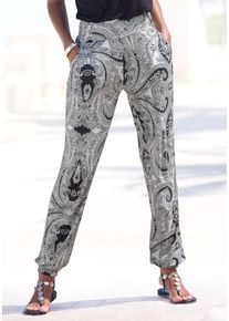 Jerseyhose Lascana, Damen, Gr. 46, N-Gr, schwarz (schwarz, creme bedruckt), Jersey, Obermaterial: 100% Viskose, Paisley, bedruckt, figurumspielend lang, Hosen Jerseyhose, mit Paisleydruck und Taschen, elastischer Bund, Sommerhose, Topseller