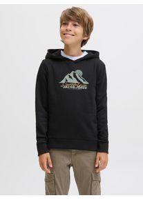 Jack & Jones Kapuzensweatshirt JACK & JONES JUNIOR "JJSUN SWEAT HOOD JNR", Jungen, Gr. 128, schwarz, angeraute Sweatware, Obermaterial: 60% Baumwolle, 40% Polyester, bedruckt, regular fit normal, Rippb&uuml;ndchen, Sweatshirts Kapuzensweatshirt