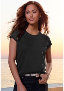 Rundhalsshirt Lascana "mit funkelnden Pailetten", Damen, Gr. 44/46, blau (schwarz), Strick, Obermaterial: 98% Polyester, 2% Elasthan, Glitzermuster, leicht durchscheinend, bequem, Rundhals, Shirts Rundhalsshirt, aus hochwertiger Ajour-Qualit&auml;t