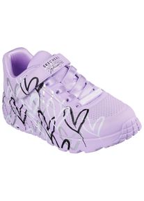 Sneaker Skechers "UNO LITE - LOVE LEVITATE", M&auml;dchen, Gr. 28, bunt (lavendel, multi), Lederimitat, Schuhe Sneaker, Schn&uuml;rschuh mit bedruckter Sohle, Gr&ouml;&szlig;enschablone zum Download