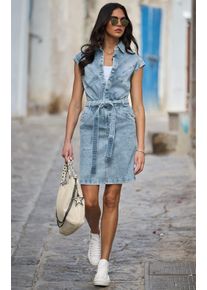 Jeanskleid Heine "Jeans-Kleid", Damen, Gr. 46, Normalgr&ouml;&szlig;en, blau (blau, bleached), Denim/Jeans, 98% Baumwolle, 2% Elasthan, unifarben, kurz, Rundhals, Kleider Jeanskleid