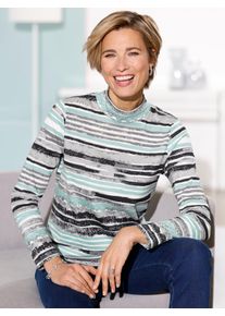 Stehkragenshirt Classic Basics "Stehkragen-Shirt", Damen, Gr. 42, gr&uuml;n (steingrau, salbei, bedruckt), 100% Baumwolle, bedruckt, gemustert, gestreift, mehrfarbig, Shirts Stehkragenshirt