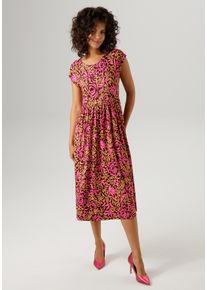 Sommerkleid Aniston CASUAL, Damen, Gr. 46, N-Gr, bunt (dunkelbraun, beige, pink), Single Jersey, Obermaterial: 95% Viskose, 5% Elasthan, bedruckt, gebl&uuml;mt, figurumspielend wadenlang, Rundhals, Kleider Sommerkleid, mit farbharmonischem, grafischen Rosendruck, Topseller