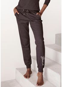 Relaxhose BENCH. LOUNGEWEAR, Damen, Gr. 32/34, N-Gr, grau (anthrazit meliert), Interlock, Obermaterial: 54% Baumwolle, 46% Polyester, bestickt, meliert, unifarben, Basic, Basic lang, Hosen Relaxhose, mit gl&auml;nzender Logostickerei, Loungewear, Loungeanzug