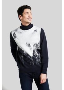 Rollkragenpullover Bugatti, Herren, Gr. 4XL, blau (marine), 70% Polyacryl, 30% Wolle, bedruckt, regular fit, ohne Ausschnitt, Rippb&uuml;ndchen, Pullover Rollkragenpullover, mit winterlichem Bergmotiv